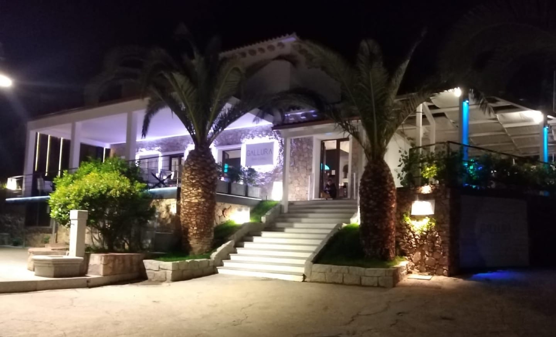 The Gallura Lounge Steakhouse entrance at night, palm trees lit up and a stone staircase to the door